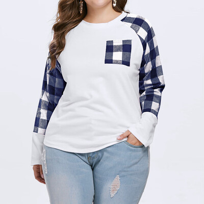 

Nomeni Women Casual Plus Size Long Sleeve O Neck Plaid Pockets T Shirt Top Blouse