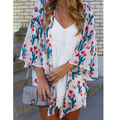 

Women Floral Print Chiffon Loose Shawl Kimono Cardigan Top Cover up Shirt Blouse