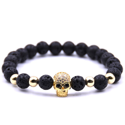 

8 mm Natural Stone Volcanic Stone Bracelet Copper Beads Micro Inlay Zircon Skull Bracelet Unisex Pair Jewellery Hot Gift