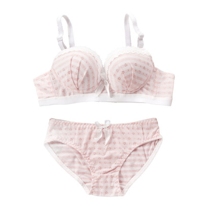 

Sexy High Quality Women Bras Sets Lace Decorate Striped Print Push Up Underwear Bow Bras&Cotton Panties