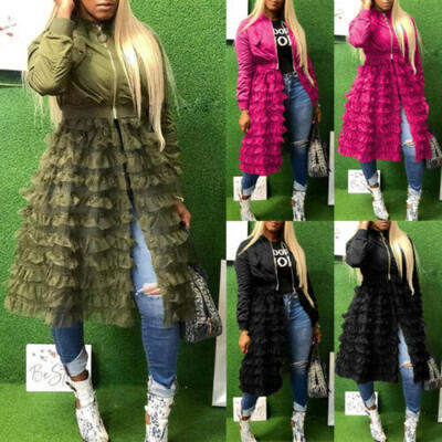 

Women Long Sleeve Zippered Casual Ruffled Mesh Sheer Patchwork Long Jacket Coat