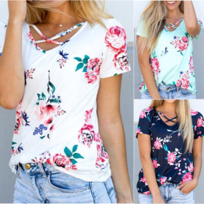 

Women Summer Short Sleeve Floral Shirt Blouse Tops Loose T Shirt Casual Tee TOPS