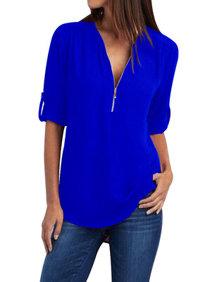 

Women Tops Casual Street Half Sleeve V-Neck Blouse Loose Plus Size Zipper Chiffon Blouse Shirts