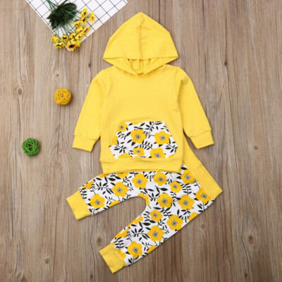 

UK Newborn Kids Baby Girl Clothes Floral Hooded Tops Long Pants 2PCS Outfits Set