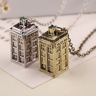 

Doctor Police Box Pewter Tall Long Chain Pendant Necklace