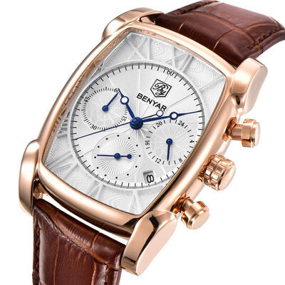 

Mens Leather Rectangle Watch Quartz Waterproof Wristwatch Golden Male Clock Relogio Masculino