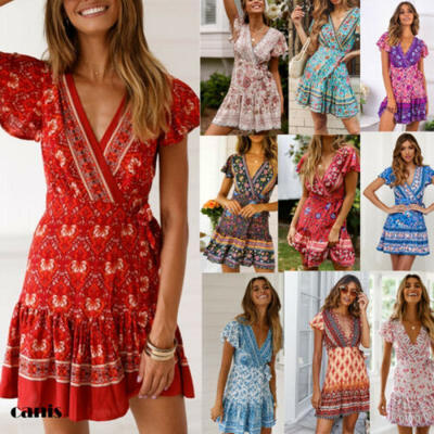 

US Women Chiffon Summer Boho Short Mini Evening Cocktail Beach Dress Sundress
