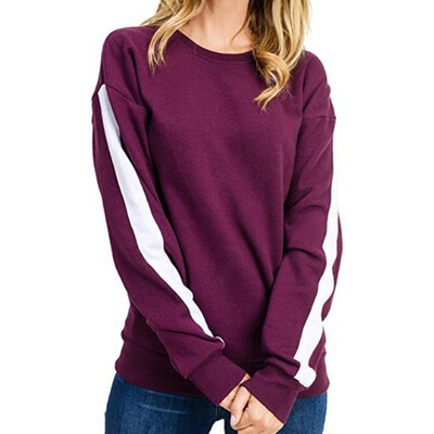 

Yuwooben Color Strip Loose Round Neck Sweater Womens Sweatshirt