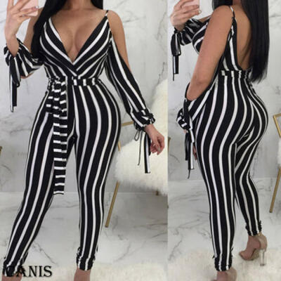 

Women Fashion Sleeve Strap Slim Bodycon Stripe Jumpsuit Romper Trousers Clubwear