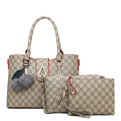 

Summer new three-piece mobile handbags European&American fashion printing hair ball pendant three-piece bag
