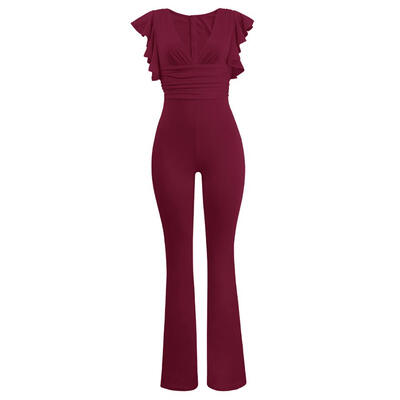 

Sexy Women Bodycon Bodysuits Ruffle Deep V Neck High Waist Wide Legs Romper