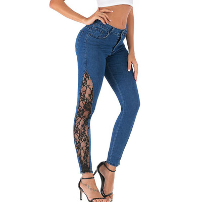 

Tailored Fashion Women Lace Splice Button Zipper Pocket Trousers Jeans Casual Denim Pants