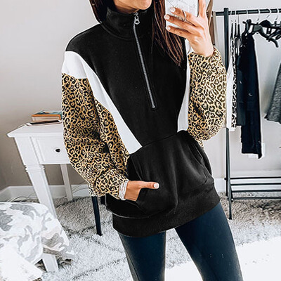 

Tailored Women Fashion Stand Collar Zipper Pockets Leopard Print Outwear Pullover Tops