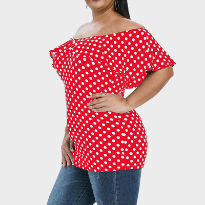 

Nomeni Women Plus Size Casual Slash Neck Ruffled Wave Dot Print Top T-shirt