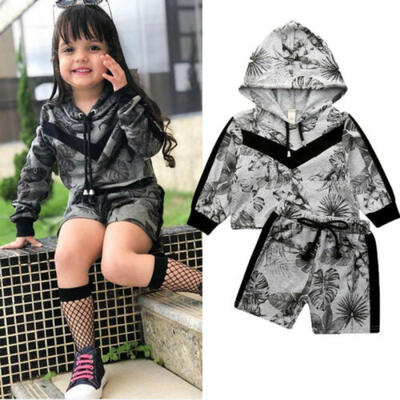 

2pcs Kid Baby Girl Outfit Leaves Print Hooded TopsShort Pants Sport Clothes Set