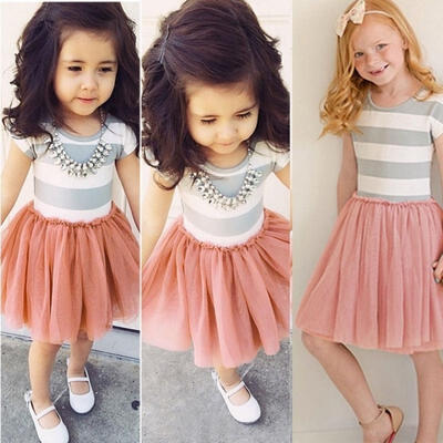

Kids Girls Princess Flower Tutu Dress Party Formal Striped Skirt For 2-11Years