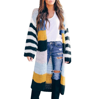 

Toponeto Women Long Sleeve Color Striped Pocket Casual Knitted Outerwear Cardigan Sweater
