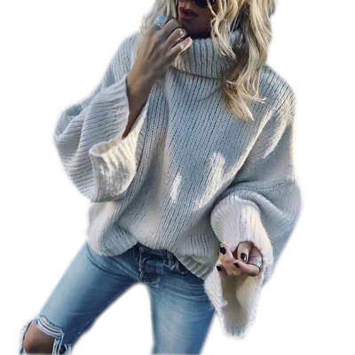 

Womens Casual Plain Flare Sleeves Pullover Ladies Turtleneck Loose Fit Sweater