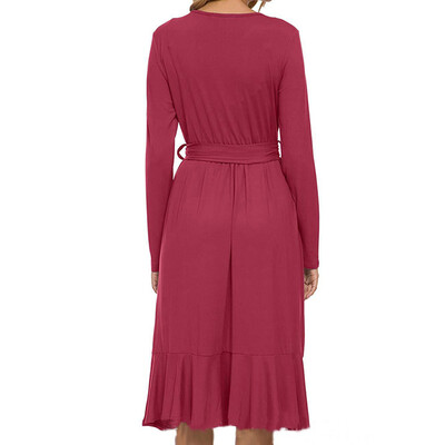 

Long Sleeve Flowy Modest Midi Work Casual Dress With Belt