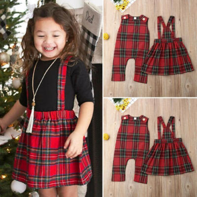 

US Christmas Sister Matching Kid Baby Girls Plaids Romper Dress Outfits Clothes