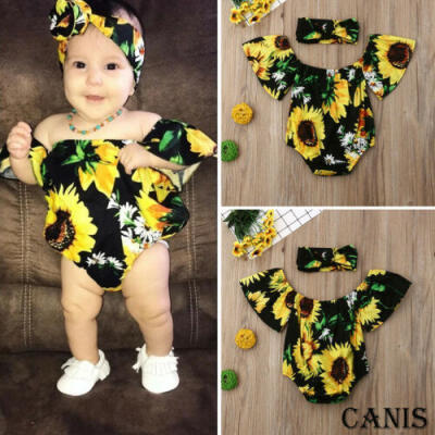 

2pcs Baby Girl Clothes Newborn Headband Sunflower Bodysuit Romper Outfits Set