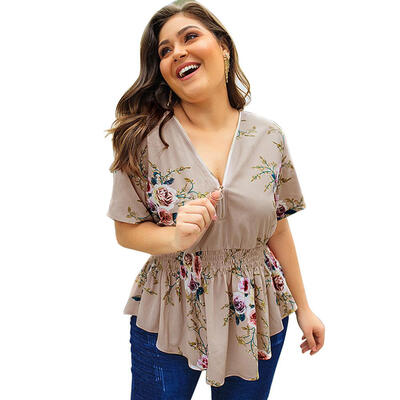 

Floral Print Chiffon Short Sleeve Tunic Blouse Women Slim Tops Plus Size