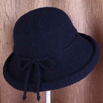 

2019 autumn&winter new Korean knitted woollen hat pure color lady turn over the rope bow warm the basin cap