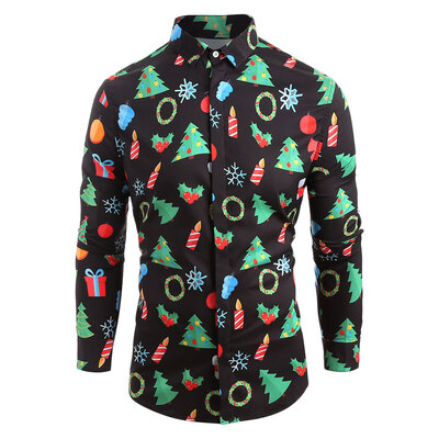 

Christmas Elements Print Hem Curved Long Sleeve Shirt