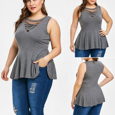 

Roseonmyhand Fashion Women Plus Size Cross O-Neck Mesh Patchwork Sleeveless Ruched Hem Top