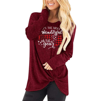 

Gobestart Womens O-Neck Long Sleeve Merry Christmas Print Tie Casual Tops Blouse