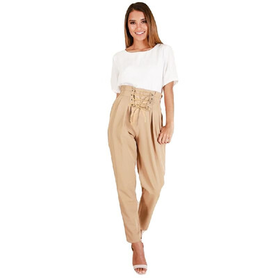 

New Fashion Women Pencil Pants Lace Up Front Side Pockets Ruched High Waist Solid Color Summer Trousers
