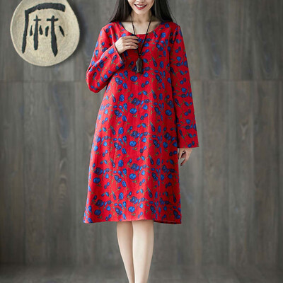 

Tailored Women Plus Size Folk-Custom Loose Floral Printed Cotton And Linen Dress