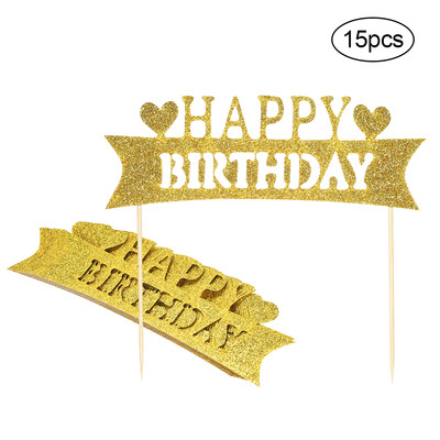 

15pcs Glitter Paper Happy Birthday Cake Topper Birthday Party Celebration Cupcake Dessert Decoration Supplies--Gold