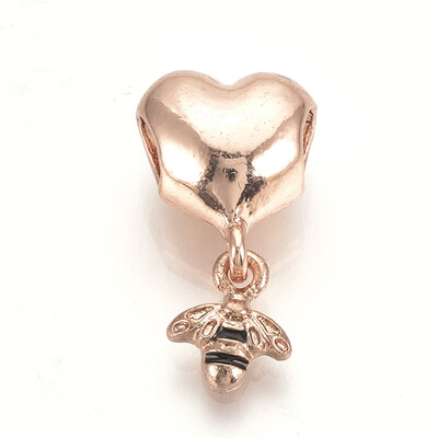 

Alloy Enamel European Dangle Beads Large Hole Pendants Heart with Bees Rose Gold 21mm Hole 4mm Bees 9x75mm