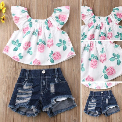 

2Pcs Toddler Kids Baby Girl Off Shoulder Floral Tank TopRipped Denim Shorts Outfits Set 1-2Y