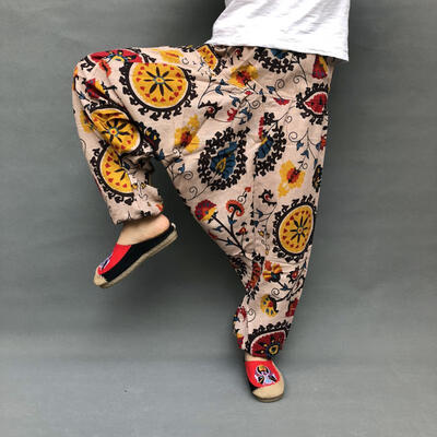 

Cotton Linen Men Loose Harem Pants Print Retro Drop Crotch Cross-pants Hip-hop Casual Wide-leg Large Size Bloomers Trousers Male