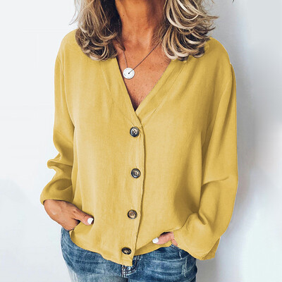 

Womens Long Sleeve Tops V-neck Blouse Loose Buttons T-shirt Button Down Shirts