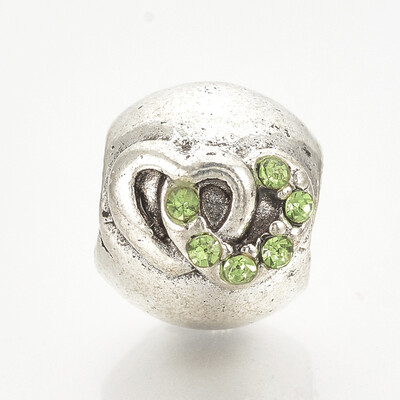 

Alloy Rhinestone European Beads Large Hole Beads Rondelle with Heart Antique Silver Peridot 105x12x9mm Hole 5mm