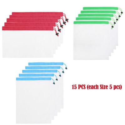 

15 Pack Reusable Produce Bags Black ROPE Mesh Vegetable Fruit Toys Storage Pouch