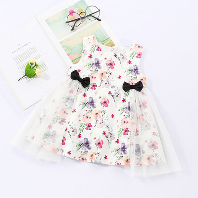 

Toddler Baby Girls Sleeveless Floral Print Splice Tulle Dress Bow Dresses