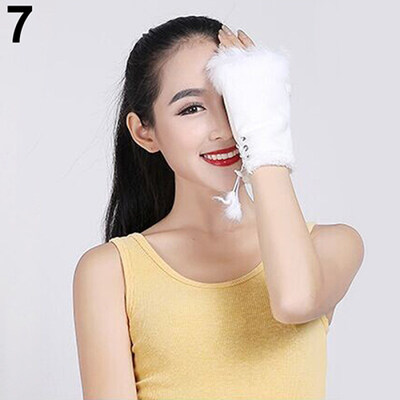 

Womens Fashion Winter Warm Imitation Rabbit Hair Faux Leather Fingerless Gloves