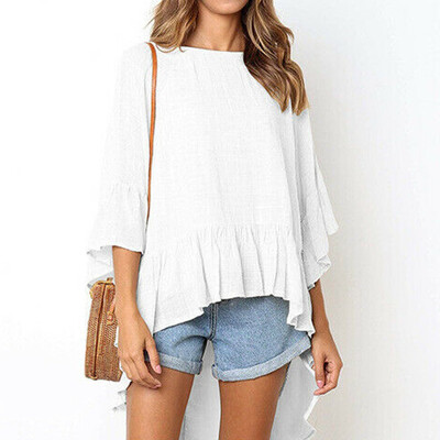 

Starmoon Fashion Women Summer Casual O-Neck Solid Color Irregular Hem Half Sleeve Tops