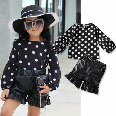 

UK Baby Girl Kids Polka-dot Long-sleeved Tops Short Leather Pants Clothes Sets