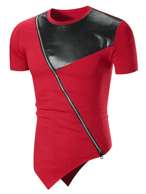 

2018 New Men\s Leather Trend Stitching Fashion Oblique Hem Solid Color T-shirt