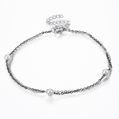 

304 Stainless Steel Multi-Strand Anklets with Lobster Clasps Extender Chains&Acrylic Pearl Beads Round Gunmetal & Stainles