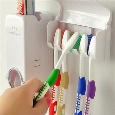 

White Automatic Toothpaste Dispenser 5 Toothbrush Holder Set Wall Mount Stand