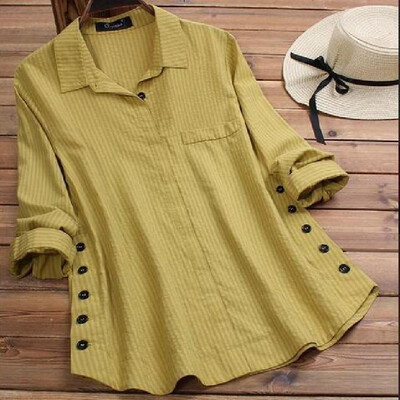 

2019 autumn new womens solid color button cotton&linen pockets striped long-sleeved long shirt T-shirt shirt green