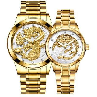 

2 pcs Fashion Dragon phoenix golden Watches Men Women Stainless Steel diamonds watch for Couples lovers gift quartz clock