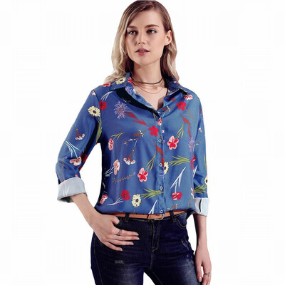 

Suit collar single-breasted long-sleeved printed blouse loose business white-collar shirt