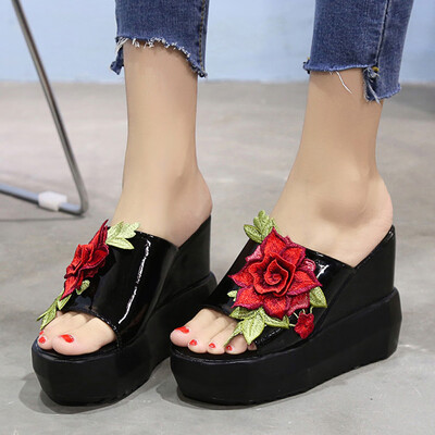 

Rose Women Thick-Bottom Sloped Slippers Embroidered High-Heeled Wedges Platform Shoes